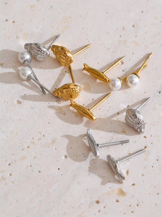 Mini conch fish simulated pearl stud earrings set - product image
