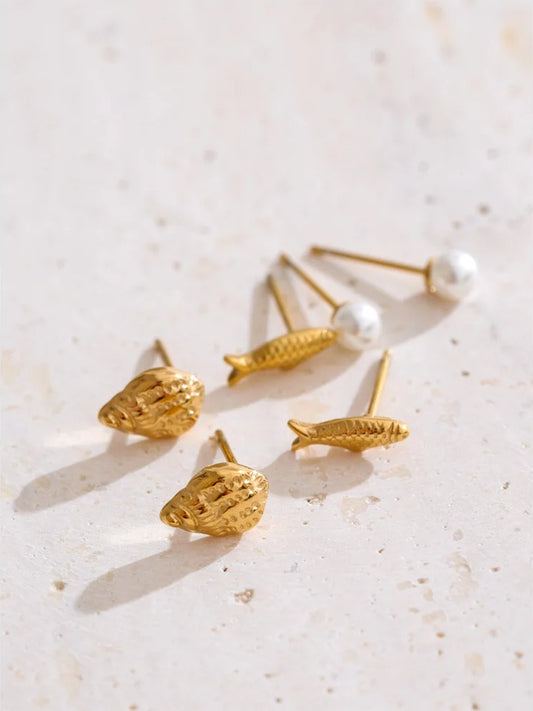 Mini conch fish simulated pearl stud earrings set - product image