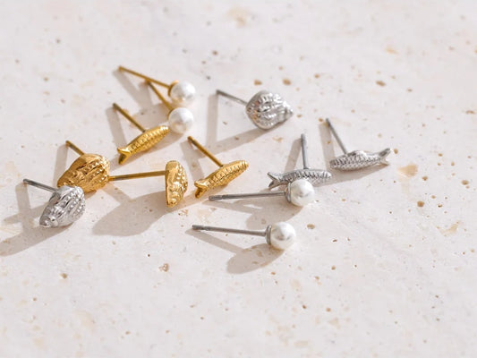 Mini conch fish simulated pearl stud earrings set - product image