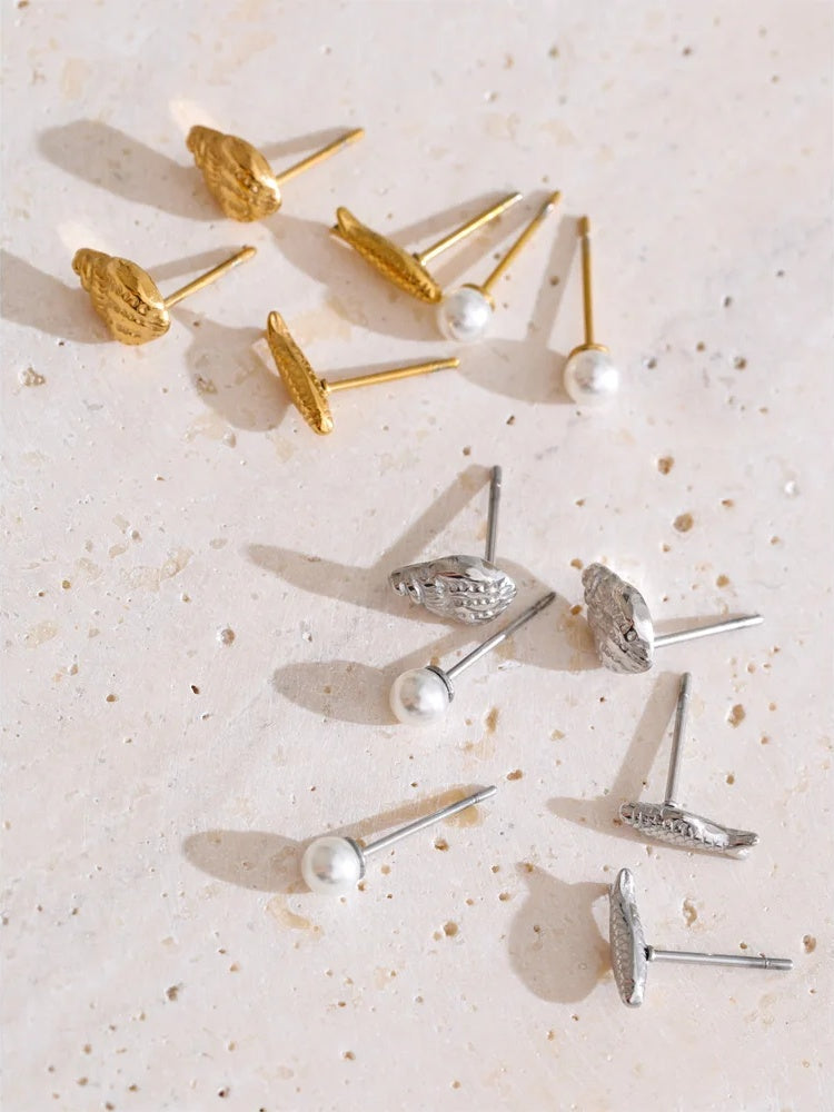 Mini conch fish simulated pearl stud earrings set - product image