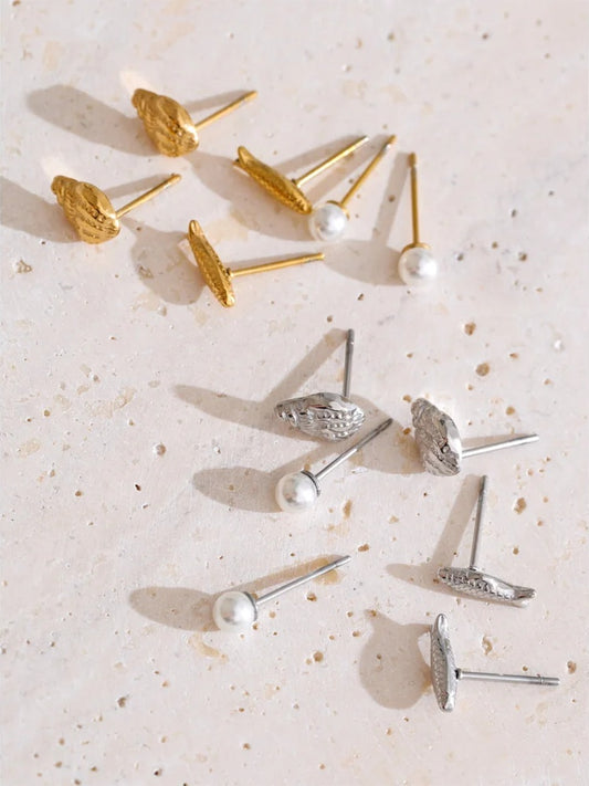 Mini conch fish simulated pearl stud earrings set - product image