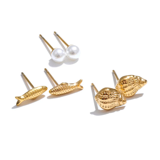 Mini conch fish simulated pearl stud earrings set - product image