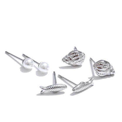 Mini conch fish simulated pearl stud earrings set - product image