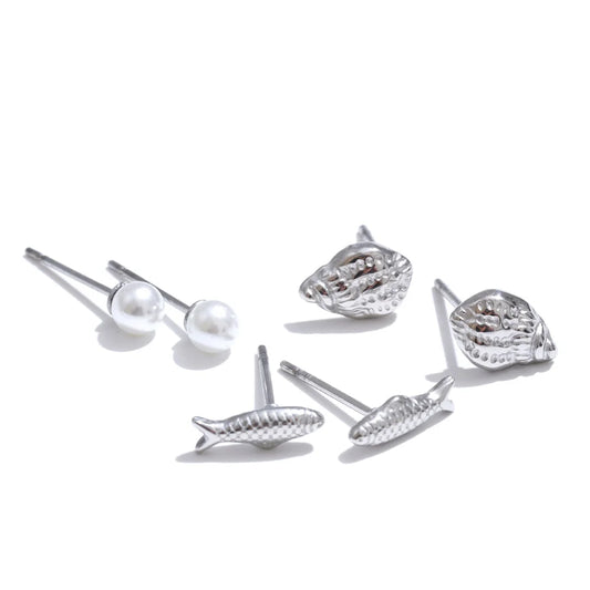 Mini conch fish simulated pearl stud earrings set - product image