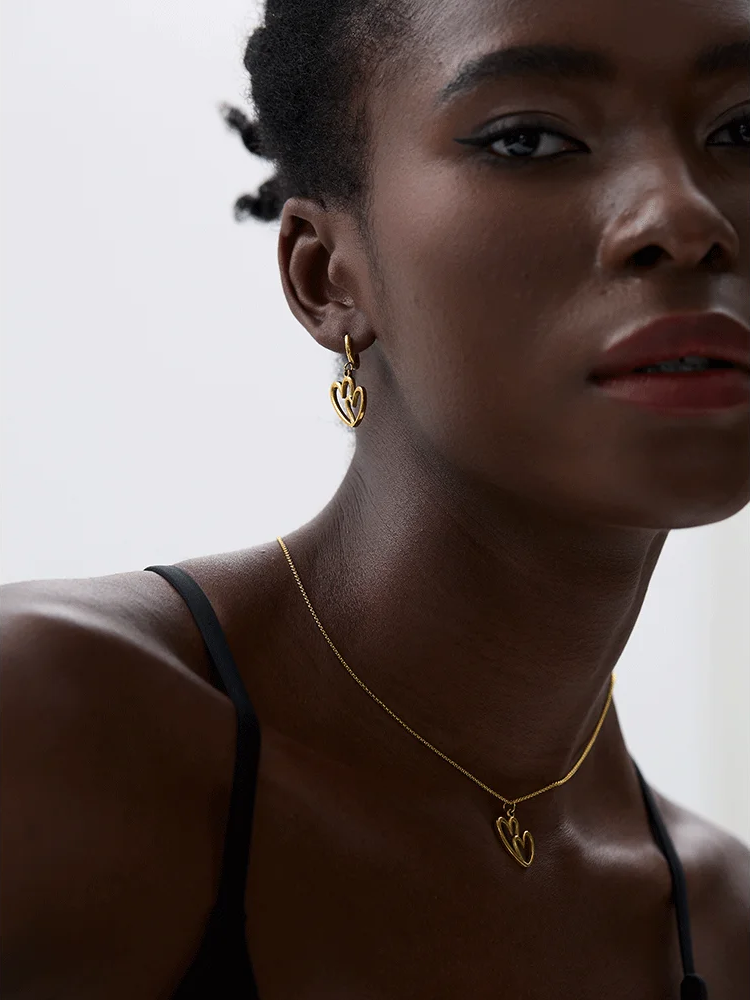 Minimalist heart hollow drop hoop necklace earrings set - product image