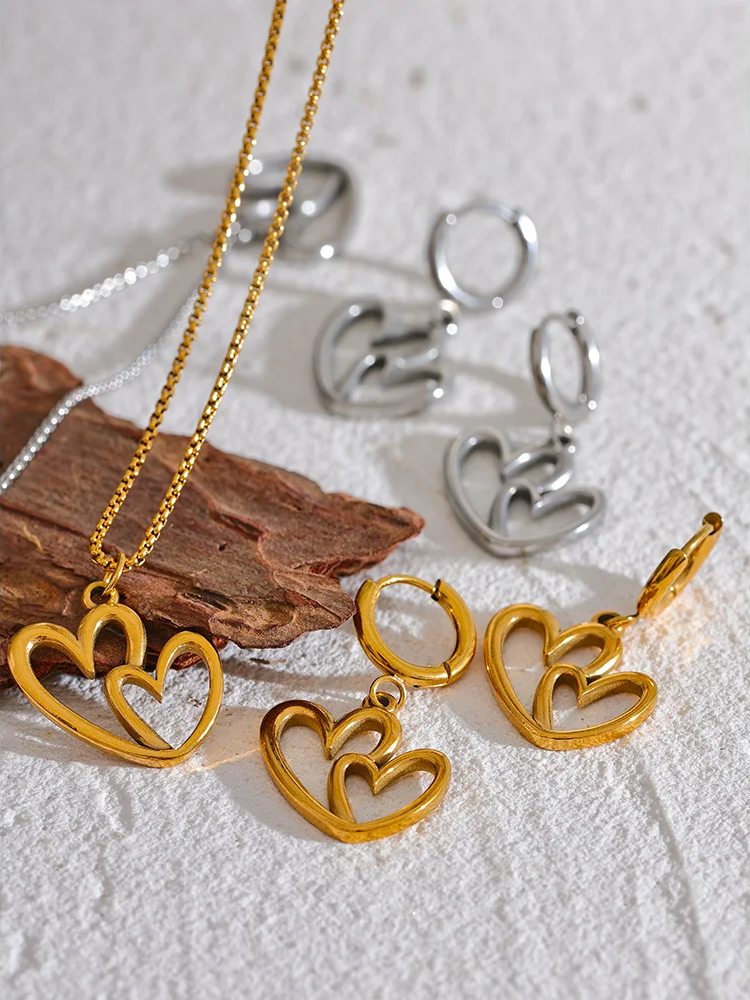 Minimalist heart hollow drop hoop necklace earrings set - product image