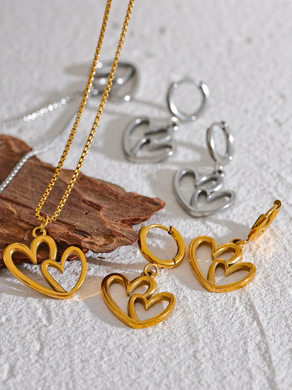 Minimalist heart hollow drop hoop necklace earrings set - product image