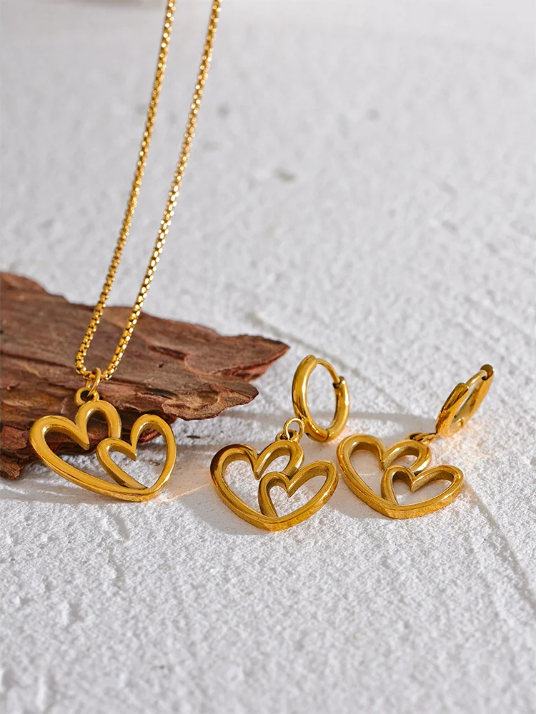 Minimalist heart hollow drop hoop necklace earrings set - product image