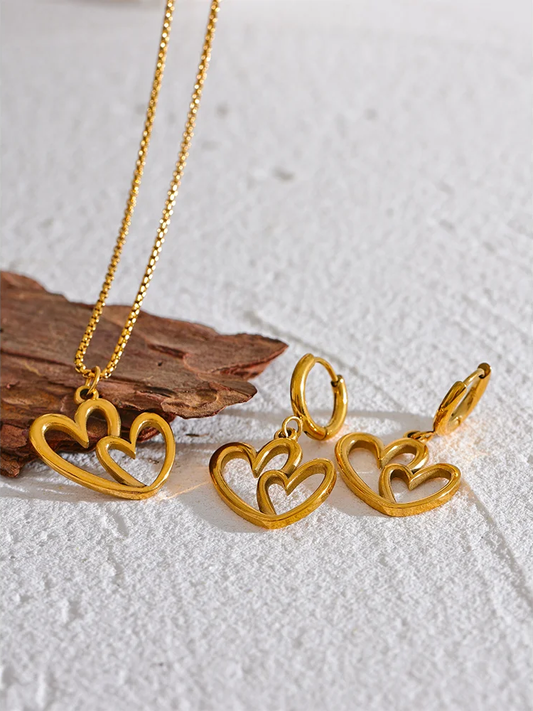 Minimalist heart hollow drop hoop necklace earrings set - product image