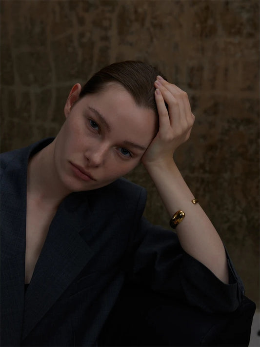 Minimalist round open cuff gold color women bracelet - product image