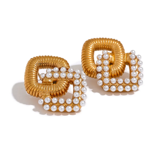 Minimalist square pearl cubic zirconia stud earrings - product image