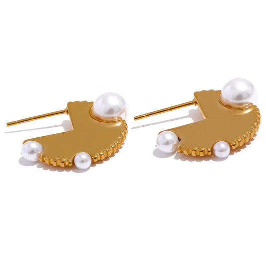 Modern round hoop imitation pearl earrings - product image