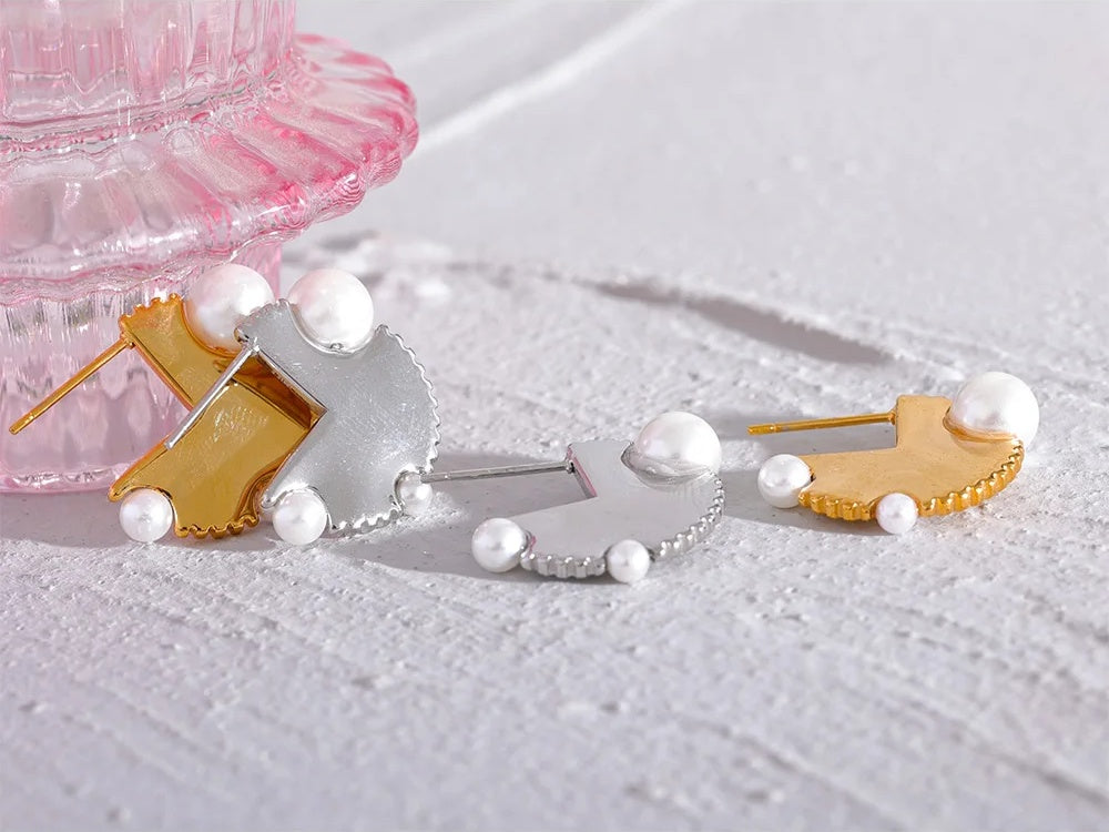 Modern round hoop imitation pearl earrings - product image