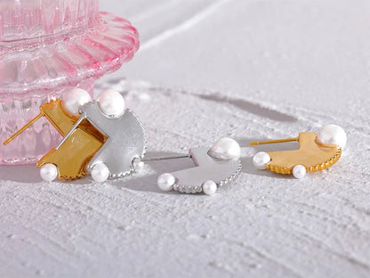 Modern round hoop imitation pearl earrings - product image