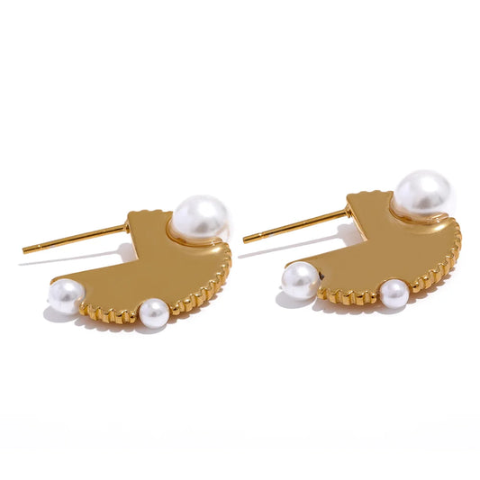 Modern round hoop imitation pearl earrings - product image