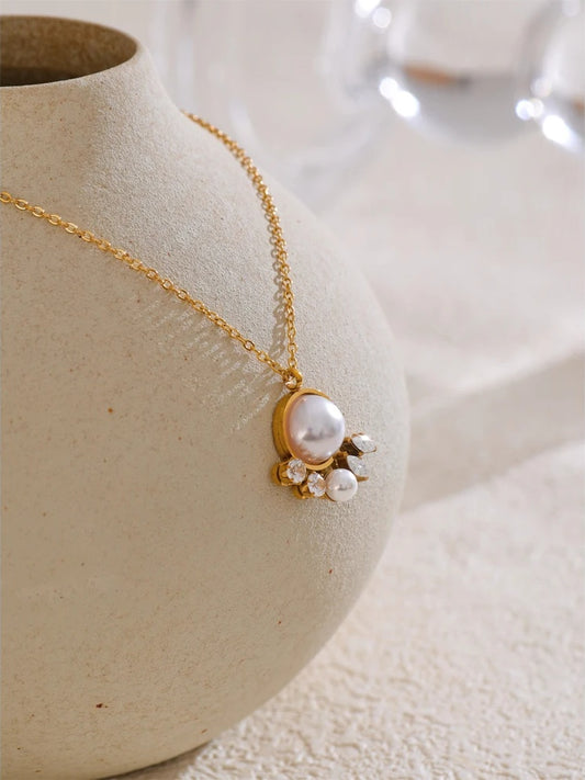 Modern zirconia simulated pearl pendant necklace - product image