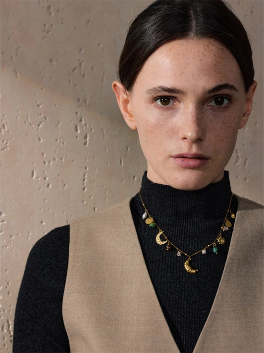 Moon croissant flower natural stone pearls necklace - product image