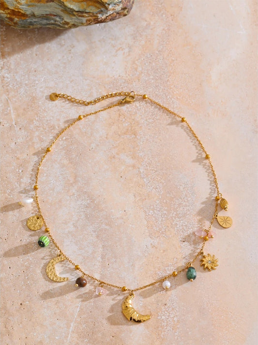 Moon croissant flower natural stone pearls necklace - product image