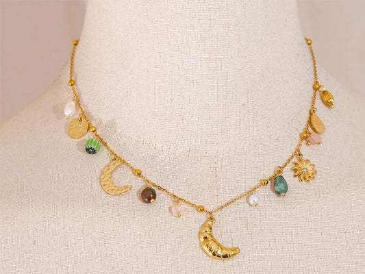 Moon croissant flower natural stone pearls necklace - product image