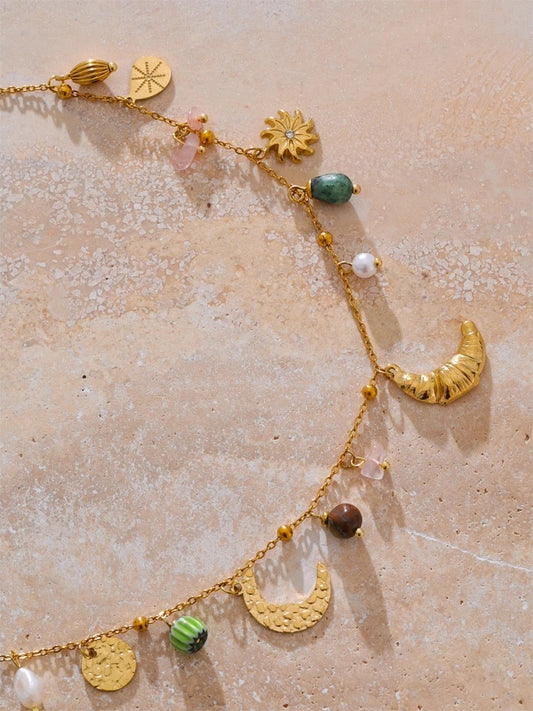 Moon croissant flower natural stone pearls necklace - product image