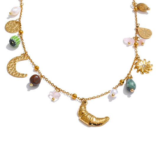 Moon croissant flower natural stone pearls necklace - product image