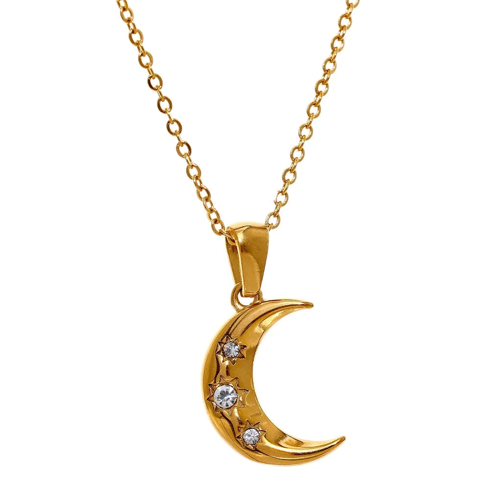 Moon shaped zircon cz pendant necklace gold color - product image