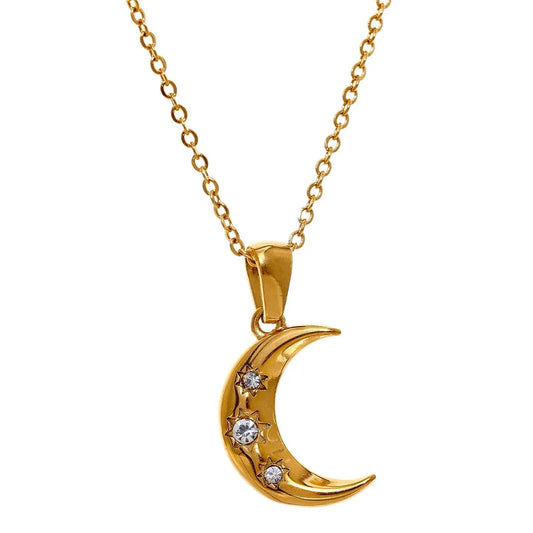 Moon shaped zircon cz pendant necklace gold color - product image