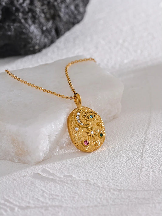 Moon star eye oval pendant zircon necklace - product image