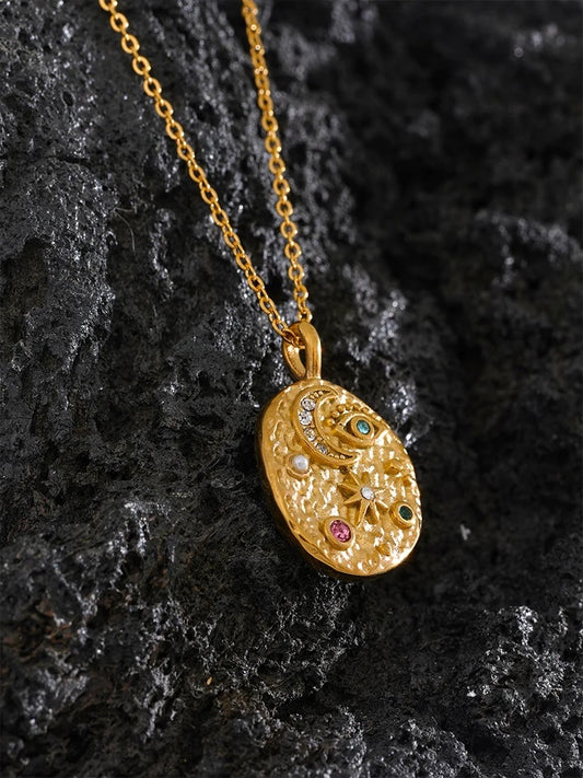 Moon star eye oval pendant zircon necklace - product image