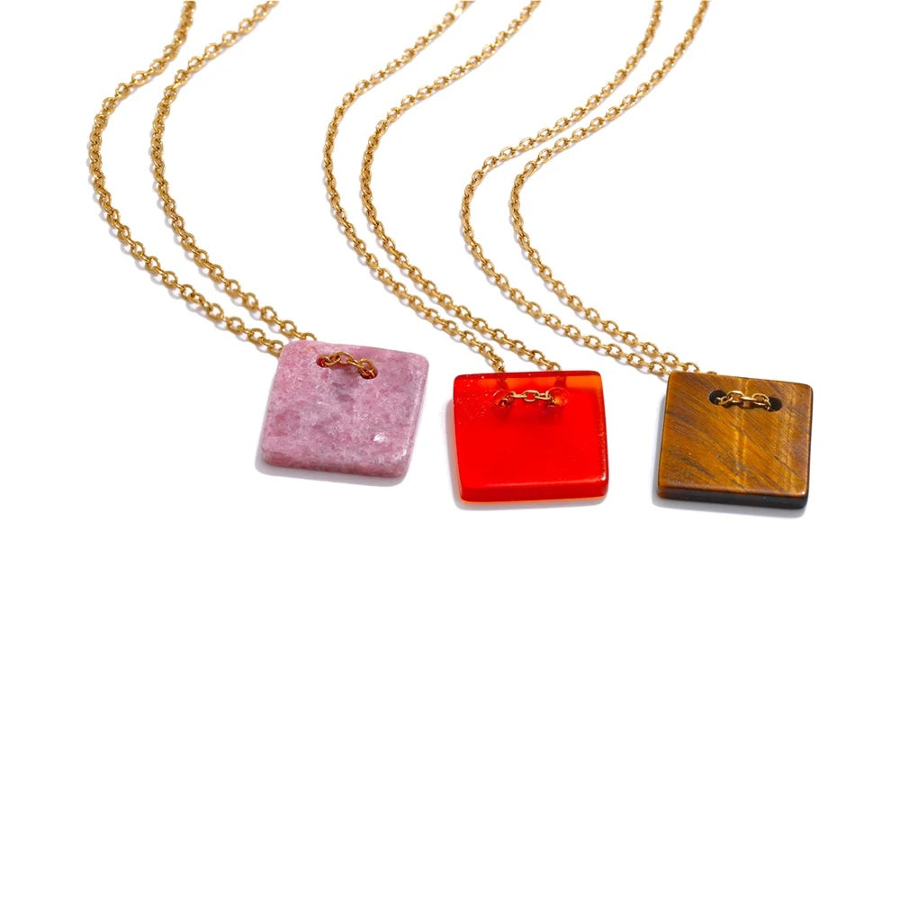 Natural agate tiger stone square pendant necklace - product image