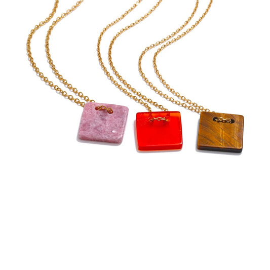 Natural agate tiger stone square pendant necklace - product image