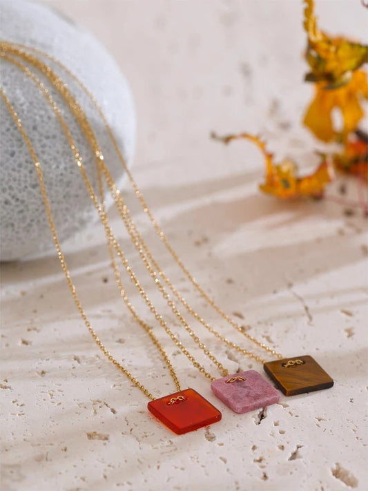 Natural agate tiger stone square pendant necklace - product image