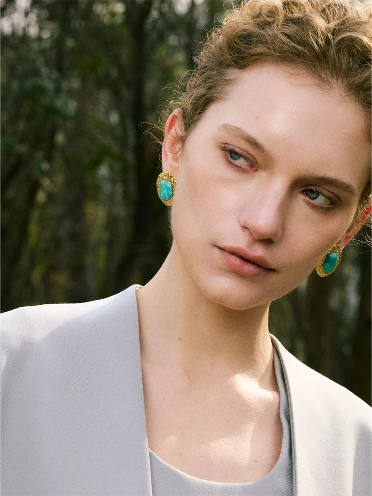 Natural amazonite stone golden stud earrings - product image