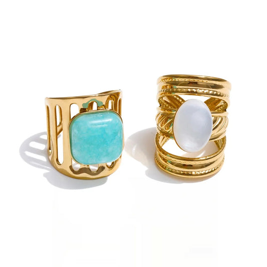Natural amazonite stone shell wide ring - product image