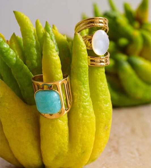Natural amazonite stone shell wide ring - product image