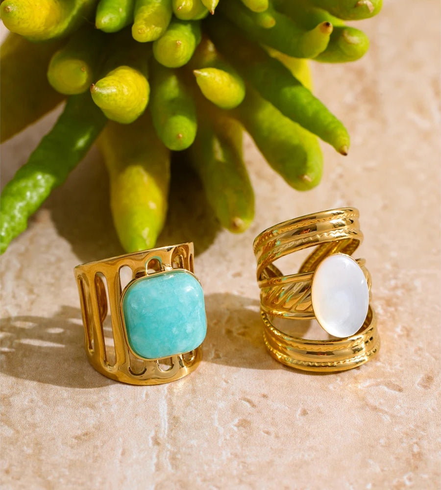 Natural amazonite stone shell wide ring - product image