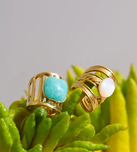 Natural amazonite stone shell wide ring - product image