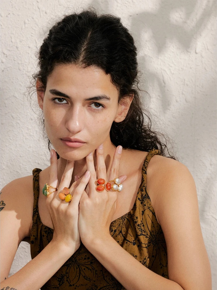 Natural aventurine agate shell flower adjustable ring - product image