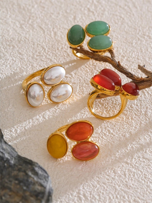 Natural aventurine agate shell flower adjustable ring - product image