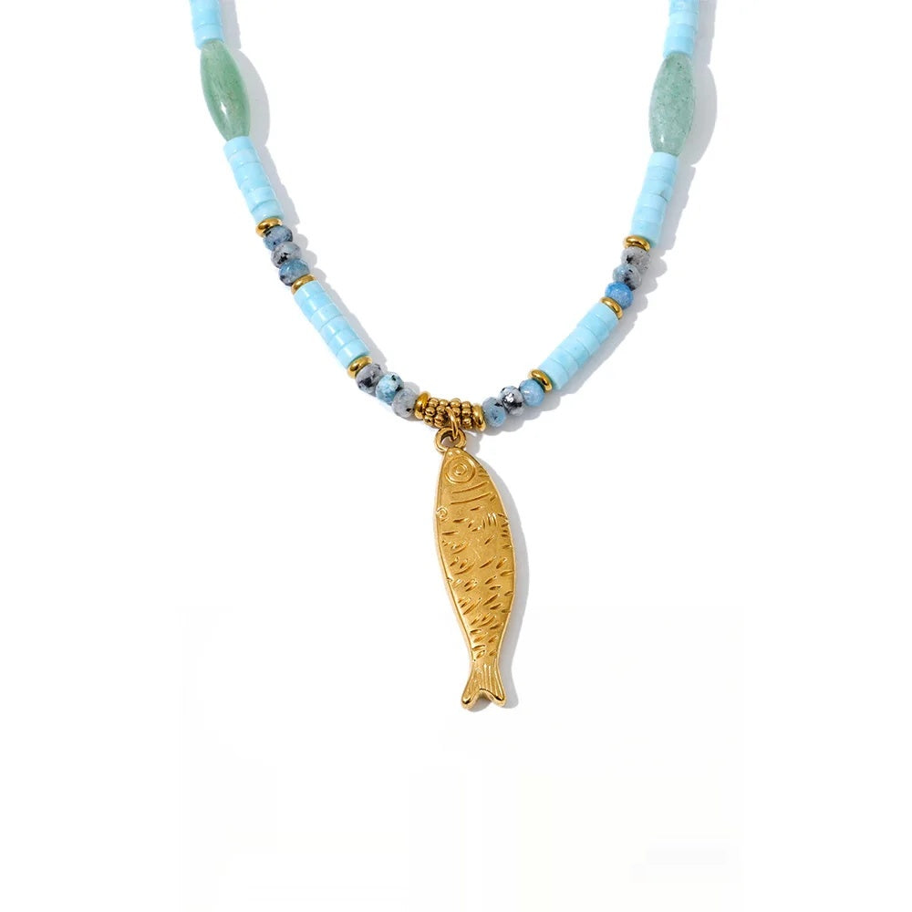 Natural aventurine stone chain fish pendant necklace - product image