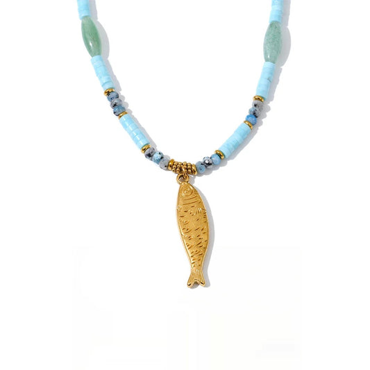 Natural aventurine stone chain fish pendant necklace - product image