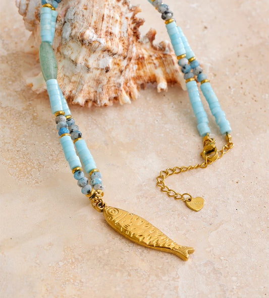 Natural aventurine stone chain fish pendant necklace - product image