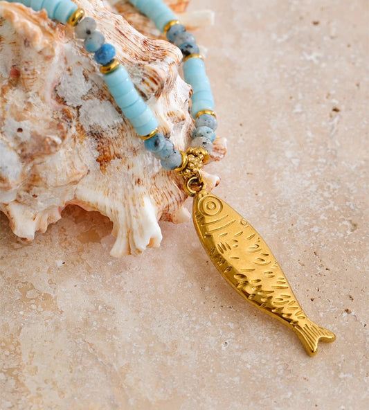 Natural aventurine stone chain fish pendant necklace - product image