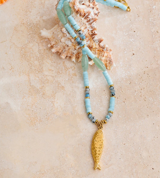 Natural aventurine stone chain fish pendant necklace - product image