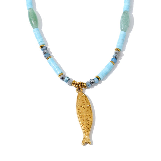 Natural aventurine stone chain fish pendant necklace - product image