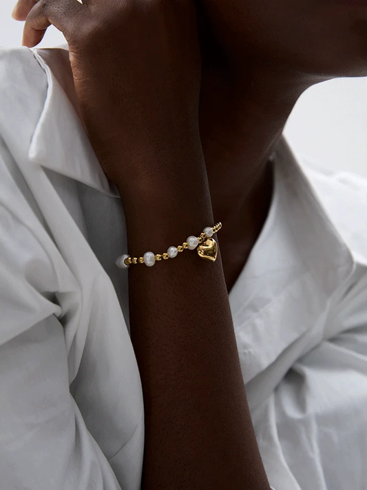 Natural pearl beads heart elastic chain bracelet - product image