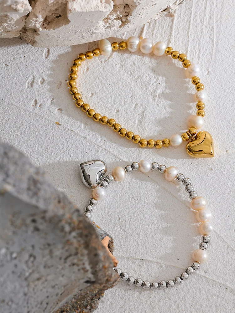 Natural pearl beads heart elastic chain bracelet - product image