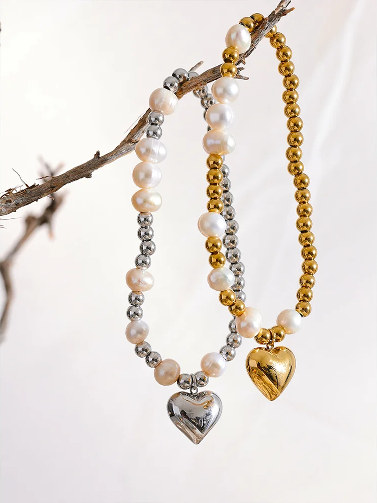 Natural pearl beads heart elastic chain bracelet - product image