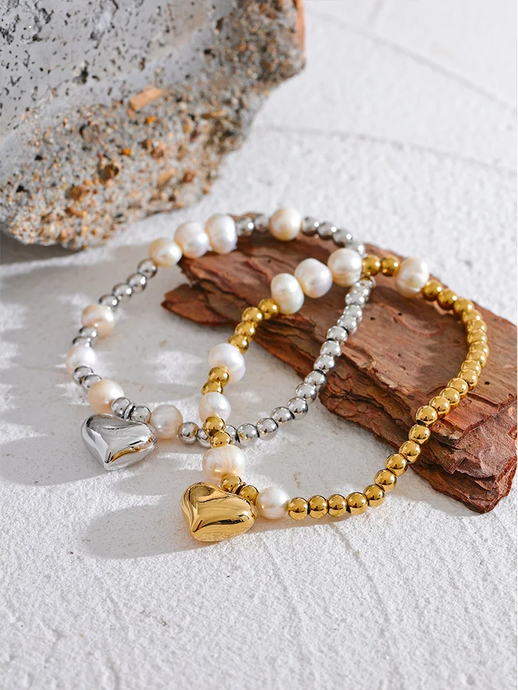 Natural pearl beads heart elastic chain bracelet - product image