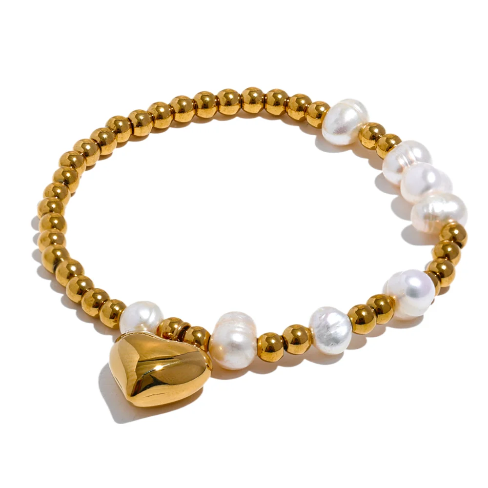 Natural pearl beads heart elastic chain bracelet - product image